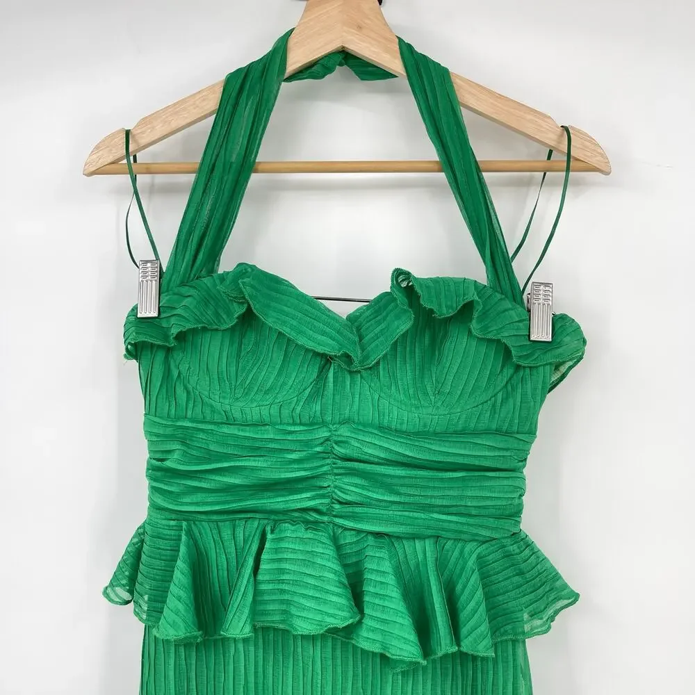 Line & Dot | NWT Cari Halter Maxi Dress in Kelly Green Tiered Pleated Halter XS - Picture 5 of 14